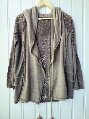 Miss Me Hooded Cardigan  Brown Front Tie Lace Arms Womens Small